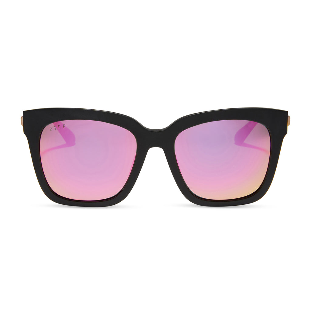 Bella Square Sunglasses, Matte Black & Pink Mirrored Sunglasses