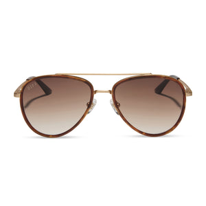 beverlin x diff eyewear ozzy aviator sunglasses with a brushed gold frame and brown gradient lenses front view