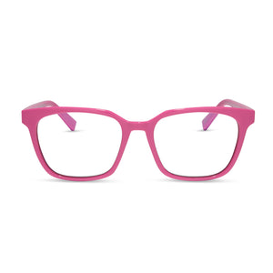 diff eyewear featuring the alex square blue light readers with a peony pink frame front view