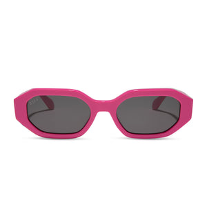 diff eyewear featuring the allegra rectangle sunglasses with a bright pink frame and grey lenses front view