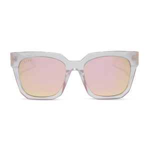 diff eyewear featuring the ariana ii square sunglasses with a opalescent pink frame and cherry blossom mirror lenses front view