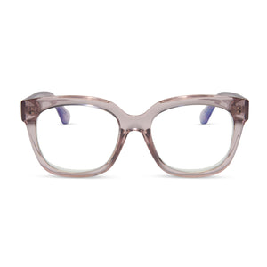 diff eyewear featuring the ava square blue light readers with a light pink crystal frame front view