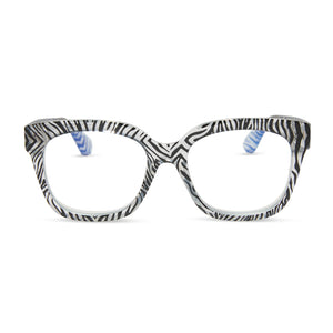 diff eyewear featuring the ava square blue light readers with a zebra frame front view