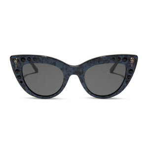 harry potter x diff eyewear bellatrix cat eye sunglasses with a geo black frame and solid grey lenses front view