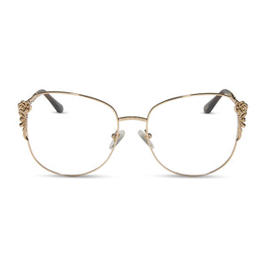 disney princess x diff eyewear featuring the belle square prescription glasses with a gold metal frame front view