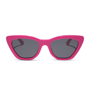 diff eyewear featuring the camila cateye sunglasses with a bright pink frame and grey polarized lenses front view