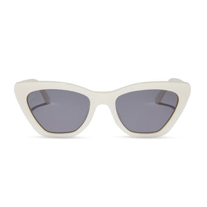 diff eyewear featuring the camila cat eye sunglasses with a opaline cream opalescent frame and grey lenses front view