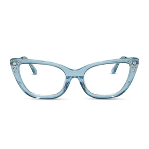 disney princess x diff eyewear featuring the cinderella cat eye prescription glasses with a blue crystal glittered frame front view