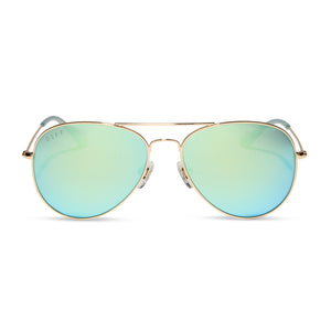 diff eyewear featuring the cruz aviator sunglasses with a gold frame and aquatic awe teal mirror lenses front view