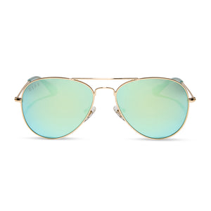 diff eyewear featuring the cruz xs aviator sunglasses with a gold frame and aquatic awe teal mirror lenses front view