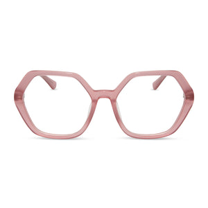 diff eyewear featuring the dixie hexagon glasses with a guava pink frame and clear demo lenses front view