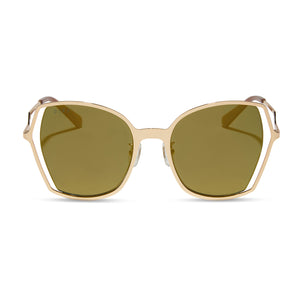 diff eyewear featuring the donna iii square sunglasses with a gold frame and moss mirror polarized lenses front view