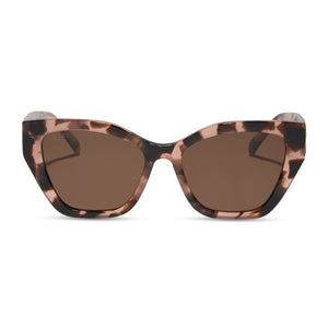 diff eyewear featuring the evie cat eye sunglasses with a himalayan tortoise frame and brown polarized lenses front view