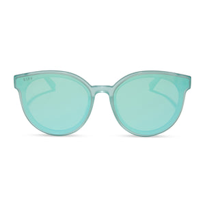 diff eyewear featuring the gemma round sunglasses with a aquatic awe teal frame and aquatic awe teal mirror lenses front view