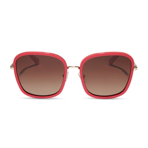 diff eyewear featuring the genevive square sunglasses with a sunset bright coral frame and brown gradient polarized lenses front view