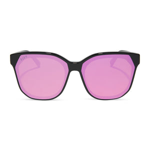 diff eyewear gia square oversized sunglasses with a black frame and pink mirror lenses front view