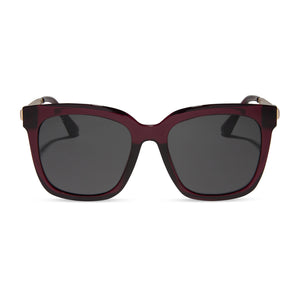 diff eyewear hailey square sunglasses with a burgundy crystal frame and grey lenses front view