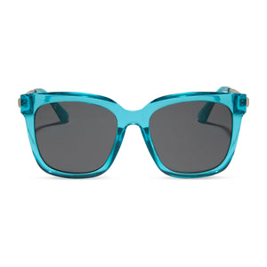 diff eyewear featuring the hailey square sunglasses with a turquoise crystal frame and grey lenses front view