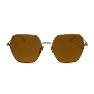 diff eyewear featuring the harlowe hexagon sunglasses with a copper metal frame and brown gold flash polarized lenses front view