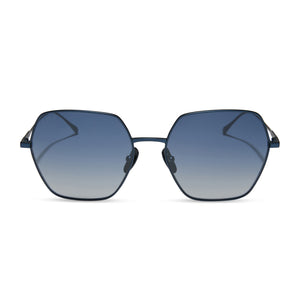 diff eyewear featuring the harlowe hexagon sunglasses with a deep navy metal frame and aegean blue flash lenses front view