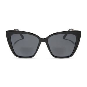 diff eyewear heidi cat eye oversized sunglasses readers with a black frame and grey lenses front view