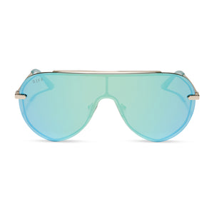 diff eyewear featuring the imani shield sunglasses with a gold frame and aquatic awe teal mirror lenses front view