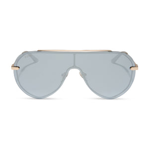 diff eyewear featuring the imani shield sunglasses with a gold frame and silver mirror lenses front view