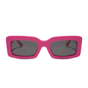 diff eyewear featuring the indy rectangle sunglasses with a bright pink frame and grey lenses front view