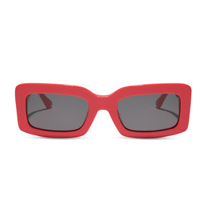 diff eyewear featuring the indy rectangle sunglasses with a sunset bright coral frame and grey lenses front view