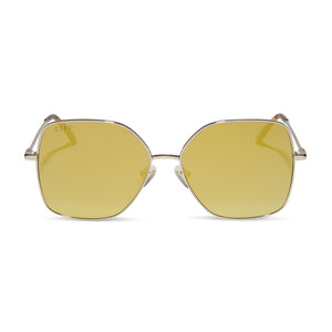 diff eyewear iris square sunglasses with a gold metal frame and brilliant gold mirror lenses front view