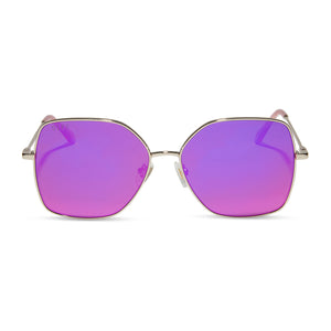 diff eyewear iris square sunglasses with a gold metal frame and pink rush mirror lenses front view