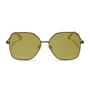 diff eyewear featuring the iris square sunglasses with a moss metal frame and moss mirror lenses front view