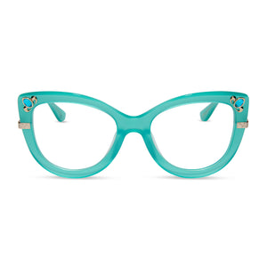 disney princess x diff eyewear featuring the princess jasmine cat eye prescription glasses with a teal frame front view