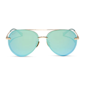 diff eyewear featuring the lenox aviator sunglasses with a gold frame and aquatic awe teal mirror lenses front view