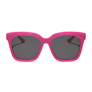 diff eyewear featuring the meredith square sunglasses with a bright pink frame and grey lenses front view