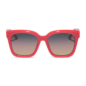 diff eyewear featuring the meredith square sunglasses with a sunset bright coral frame and twilight purple to pink gradient polarized lenses front view