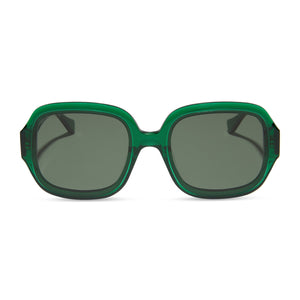 diff eyewear seraphina round sunglasses with a palm green crystal acetate frame and g15 lenses front view