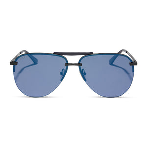 diff eyewear featuring the tahoe aviator sunglasses with a black frame and midnight blue mirror polarized lenses front view