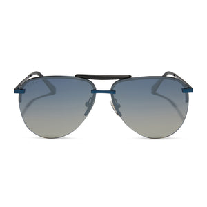 diff eyewear featuring the tahoe aviator sunglasses with a deep navy metal frame and aegean blue flash polarized lenses front view