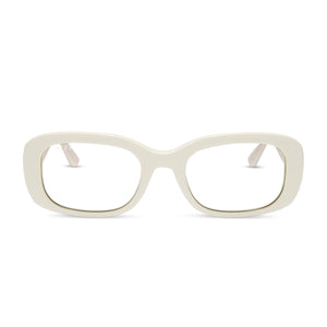 the white lotus x diff eyewear featuring the italy square prescription glasses with a white ivory frame front view