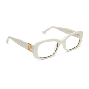 the white lotus x diff eyewear featuring the italy square prescription glasses with a white ivory frame angled view