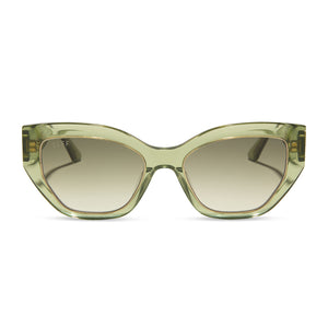 the white lotus x diff eyewear featuring the thailand cat eye sunglasses with a light green crystal frame and olive gradient lenses front view