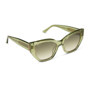 the white lotus x diff eyewear featuring the thailand cat eye sunglasses with a light green crystal frame and olive gradient lenses angled view