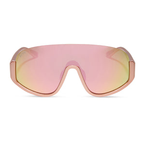 diff sport featuring the blazer shield sunglasses with a rose gold frame and peach mirror polarized lenses front view