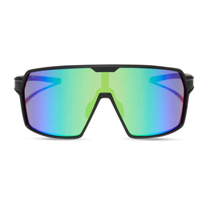 diff sport featuring the charge shield sunglasses with a matte black frame and green mirror polarized lenses front view