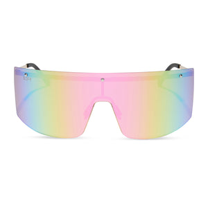 diff sport featuring the grandslam shield sunglasses with a gold frame and sherbert rainbow mirror polarized lenses front view