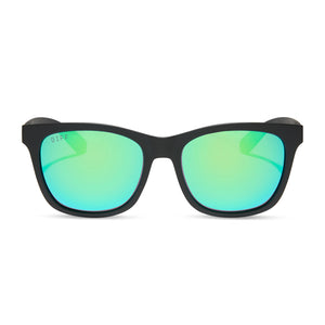 diff sport featuring the storm square sunglasses with a matte black frame and green mirror polarized lenses front view