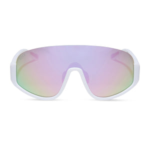 diff sport featuring the blazer shield sunglasses with a matte white frame and lavender mirror polarized lenses front view