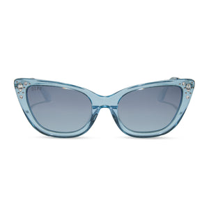 disney princess x diff eyewear featuring the cinderella cateye sunglasses with a blue crystal glitter frame and blue dust gradient polarized lenses front view