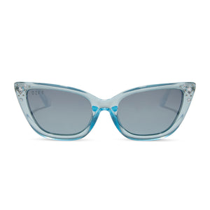 disney princess x diff eyewear featuring the cinderella youth cat eye sunglasses with a blue crystal glitter frame and blue dust gradient polarized lenses front view